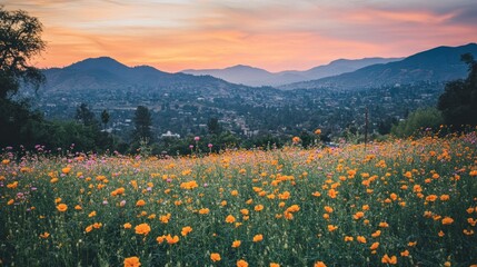 Fototapeta premium Golden Wildflower Meadow Sunset Mountain View