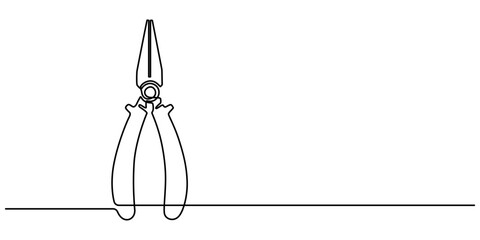 Construction wire cutters, pliers, vise grip, swagers one line art, Continuous one line drawing of pliers- engineer equipment. pliers in single line draw illustration. Editable stroke, pliers outline.