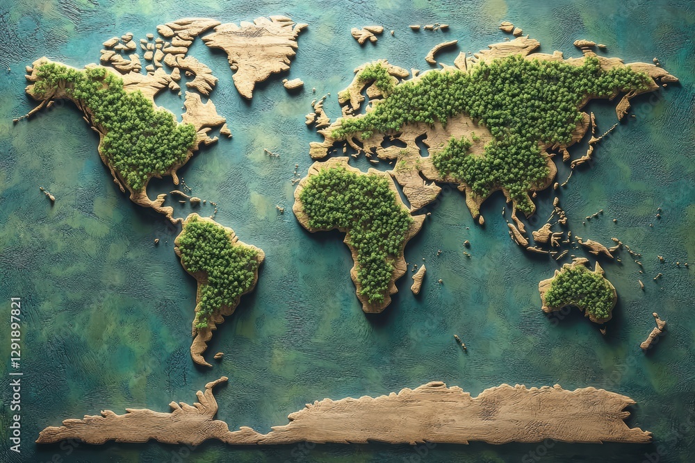 Poster world map created from trees highlights global green spaces and biodiversity