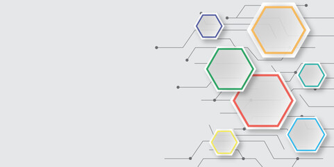 Minimalist Geometric Hexagon Abstract Background with Tech Lines. 3D Hexagonal Honeycomb Design with High-Tech Connections. Vector. 