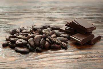 Broken dark chocolate and cocoa beans on the table