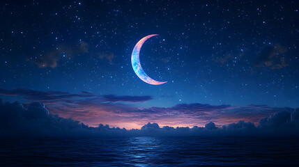 Crescent Moon over Starry Night Sea