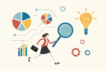 Business intelligence data analysis for business insight, database or statistics, marketing technology or data funnel or indicator concept, businesswoman work with data analysis and magnifying glass.