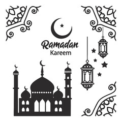 Ramadan Kareem Islamic design with moon and mosque with lanterns