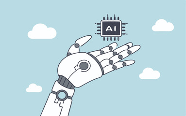 Generative AI artificial intelligence to generate output or answer question in automatic chat, deep learning or machine learning technology concept, robotic hand hold processor chip with the word AI.