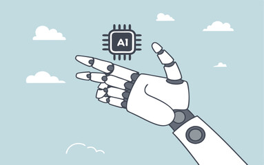 Generative AI artificial intelligence to generate output or answer question in automatic chat, deep learning or machine learning technology concept, robotic hand hold processor chip with the word AI.