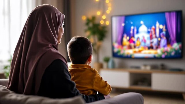 Mother and Son Watching Television Together