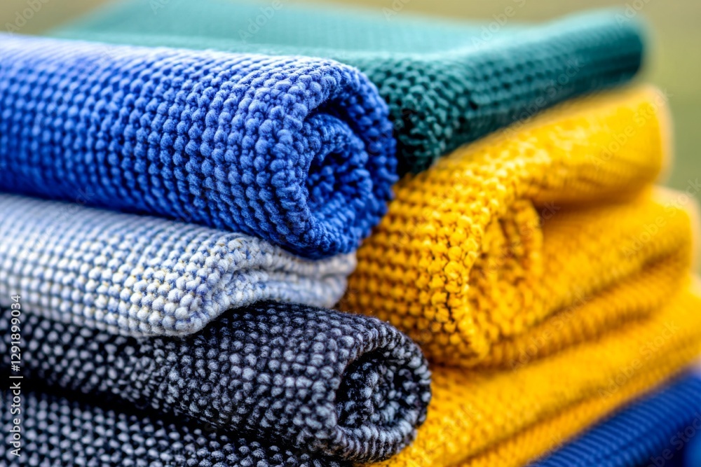 Poster colorful rolled textiles stacked neatly in an outdoor setting during daytime showcasing vibrant patt