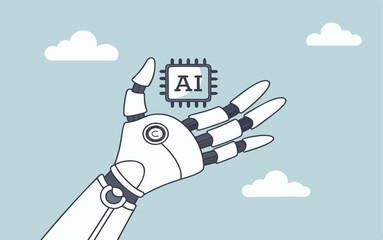 Generative AI artificial intelligence to generate output or answer question in automatic chat, deep learning or machine learning technology concept, robotic hand hold processor chip with the word AI.