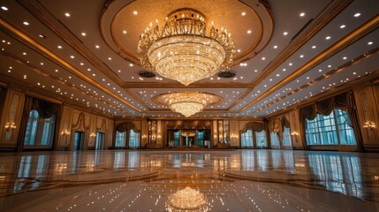 Obraz premium Luxurious ballroom interior with crystal chandelier, opulent decor, and reflecting floor