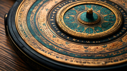 Naklejka premium Ornate antique astrolabe on wooden surface