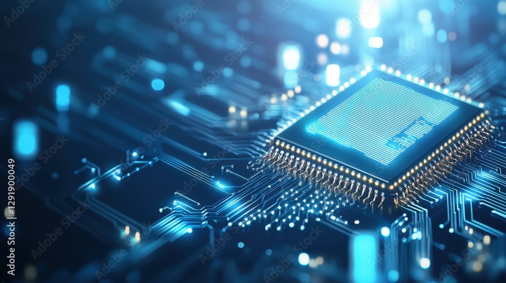 Poster close-up of a circuit board with a microprocessor mounted on top showcasing electronic components an