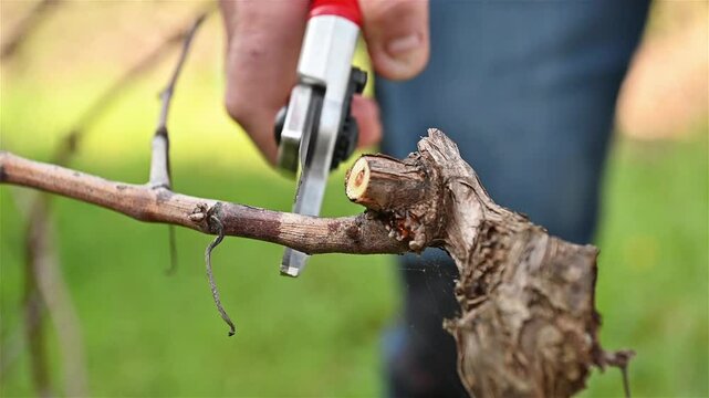 Close-up of the hands of the winemaker pruning the vineyard with professional steel scissors. Traditional agriculture. Winter pruning, Guyot method. Footage.