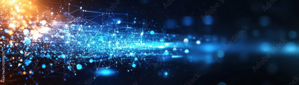 Poster abstract technology background featuring glowing particles and dots in a dynamic composition