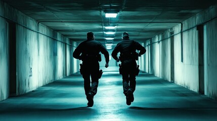 Two officers running through a dark underground tunnel