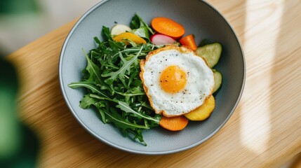 healthy breakfast salad with fried egg on table