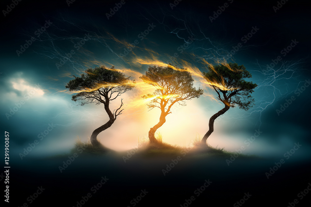 Poster three trees stand resilient against dramatic backdrop of swirling clouds and lightning, illuminated 
