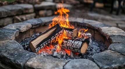 An outdoor fire pit with smoldering wood, embers glowing beneath soft flames curling around the logs.