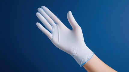Hand Wearing Medical Glove on Blue Background