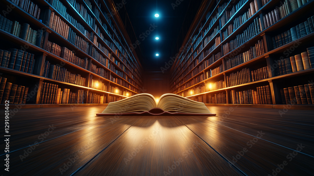 Poster beautifully illuminated library with rows of bookshelves, featuring open book in foreground. warm gl