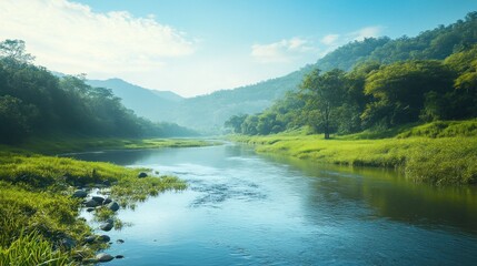 Serene mountain river flowing through lush valley at dawn