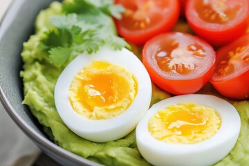 Healthy avocado toast with egg and tomato.