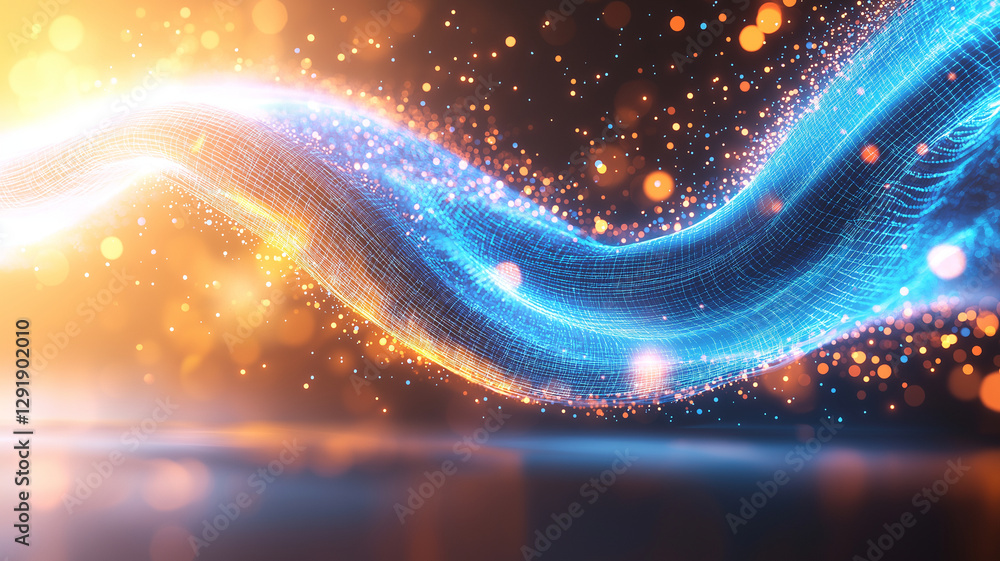 Poster vibrant abstract background featuring flowing blue and orange light waves with sparkling particles, 
