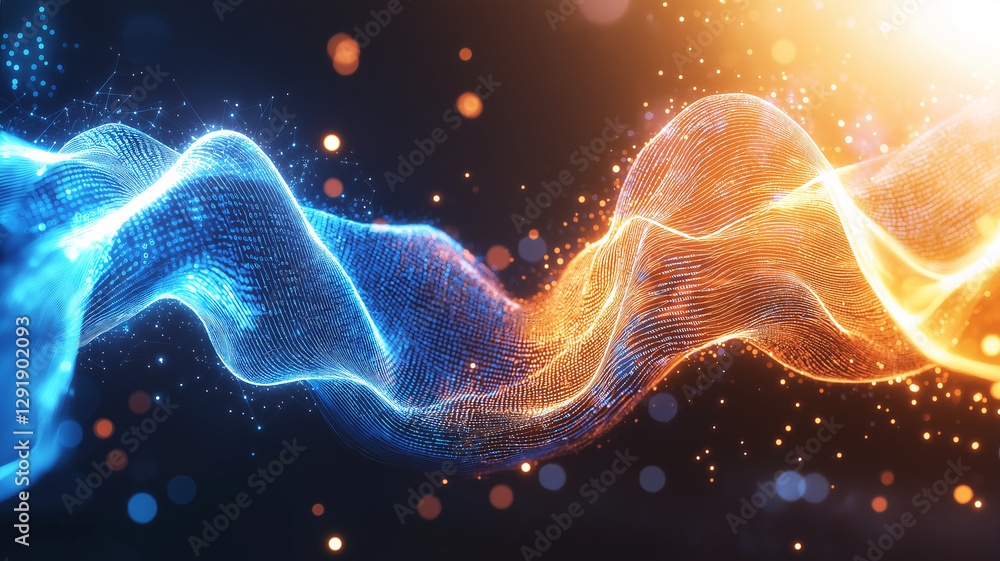 Poster vibrant abstract background featuring flowing waves of blue and orange light, creating dynamic and e
