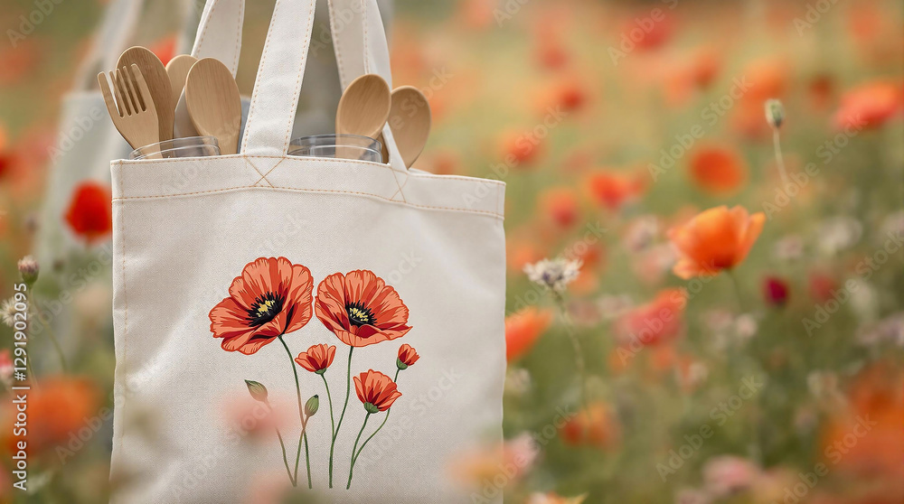 Aufkleber a tote bag adorned with two vibrant red poppies, set against a backdrop of a field of soft, blurred 
