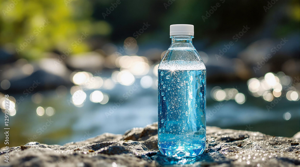 Poster a bottle of water placed on a rock by a river, with a blurred background suggesting a shallow depth 