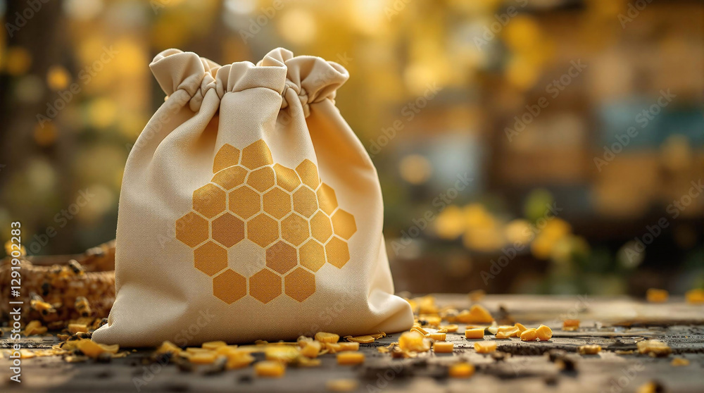 Poster A drawstring bag with a honeycomb pattern on it, placed on a surface surrounded by dried leaves. The background is blurred, emphasizing the bag and its contents.
