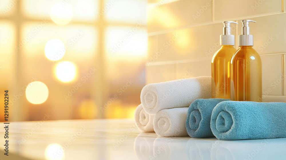 Poster soft towels and bottles of liquid soap are arranged on countertop, creating serene atmosphere. warm 