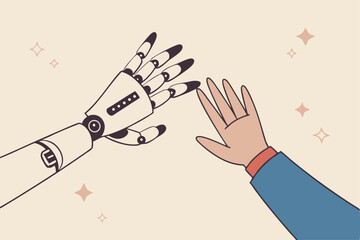 Working together with AI Artificial Intelligence, human cooperate with machine or robot, AI help or support coworker, assistance or partnership concept, businessman hand high five with robot hand.