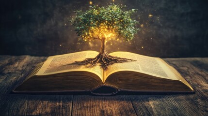 Ancient book with a glowing tree sprouting from its center, symbolizing wisdom and enlightenment, on a mystical wooden surface.
