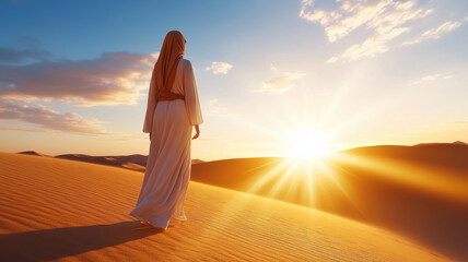 veiled woman in loose robe stands on sand dunes, gazing at stunning sunset. warm light creates serene atmosphere, highlighting beauty of desert landscape