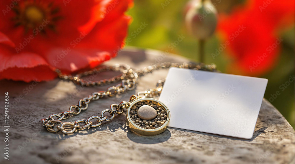 Poster a close-up shot of a necklace with a locket and a card placed on a stone surface, accompanied by a v