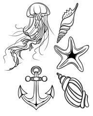 Large set of beautiful marine stickers - detailed Line Art design. templates for printing stickers and textiles