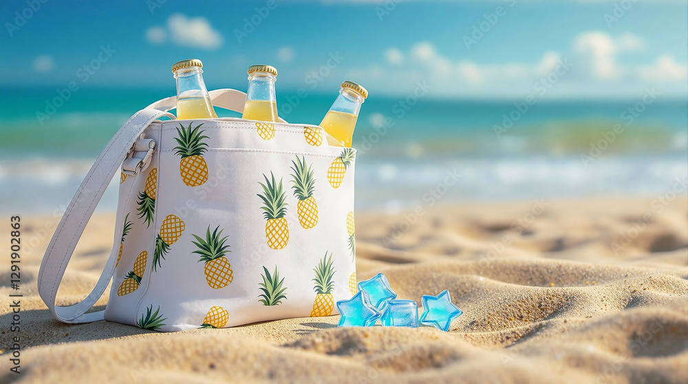 Poster a beach scene with a tote bag adorned with pineapple motifs, containing three bottles, and a few sca