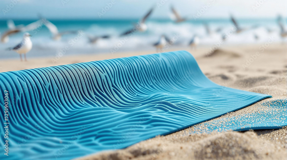 Poster a beach scene with a blue yoga mat lying on the sand, surrounded by seagulls in flight. the backgrou