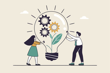 ESG, Environmental, Social and Corporate Governance, company responsibility to care world environment and people concept, business people touch light bulb with seedling green plant and governance gear