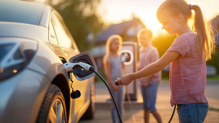 Naklejka premium family enjoying time together while plugging in electric car at home. warm sunset creates joyful atmosphere, highlighting importance of sustainable energy