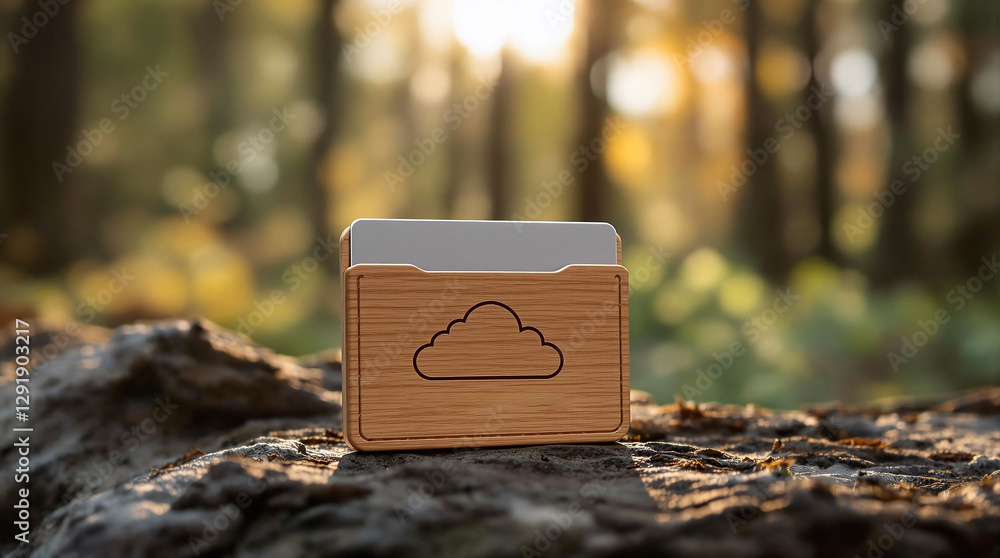 Poster a wooden box with a cloud symbol on it, placed on a surface with a blurred background. the box is br
