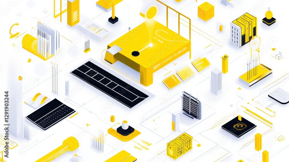 Poster abstract design featuring yellow geometric shapes and structures in a modern workspace environment