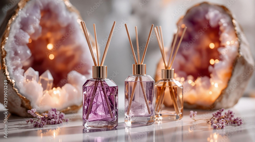 Aufkleber A collection of perfume bottles with reed diffusers, set against a backdrop of a geode. The bottles are of varying sizes and colors, with one prominently featuring a pinkish hue. The reeds inside the 