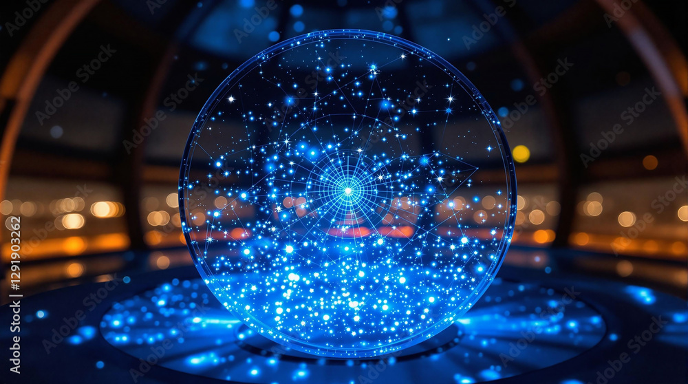 Poster A mesmerizing display of blue lights emanating from a spherical object, set against a blurred background that hints at a futuristic setting, possibly a science fiction universe.