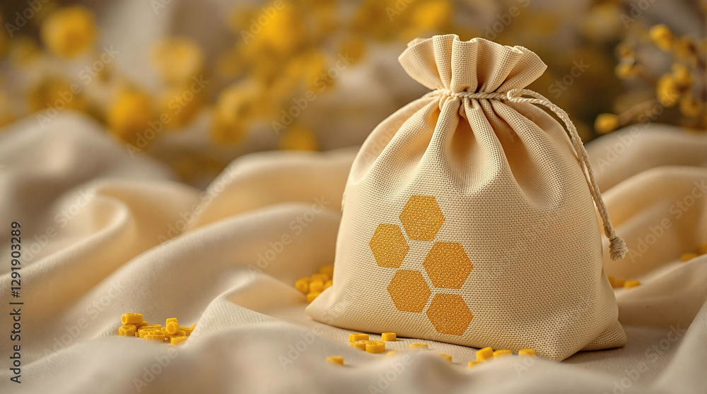 Aufkleber A drawstring bag with a honeycomb pattern on it, placed on a surface with a blurred background. The bag is adorned with a few yellow flowers, adding a touch of color to the scene.