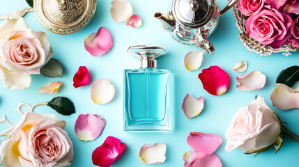 Flat Lay with Arabic Calligraphy, Rose Petals, Teapot, and Perfume Bottle on Light Blue.