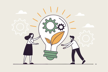 ESG, Environmental, Social and Corporate Governance, company responsibility to care world environment and people concept, business people touch light bulb with seedling green plant and governance gear