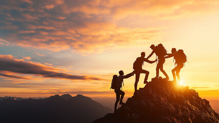 Obraz premium group of hikers assisting each other on mountain at sunset, showcasing teamwork and determination. vibrant sky adds to emotional atmosphere of adventure and camaraderie