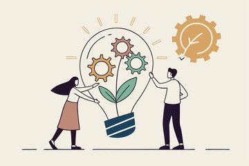 ESG, Environmental, Social and Corporate Governance, company responsibility to care world environment and people concept, business people touch light bulb with seedling green plant and governance gear